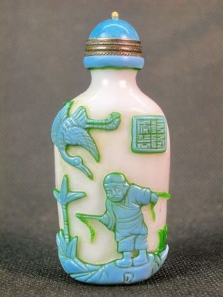 Chinese Boy Horse Carved Peking Overlay Glass Snuff Bottle photo