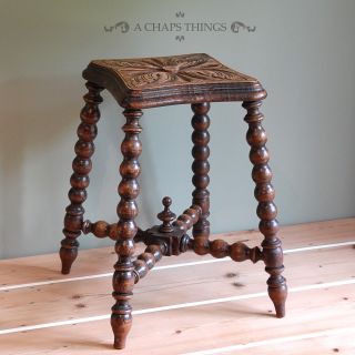 Antique Bobbin Turned Carved Stool.  Victorian Seat,  English C.  1900 photo