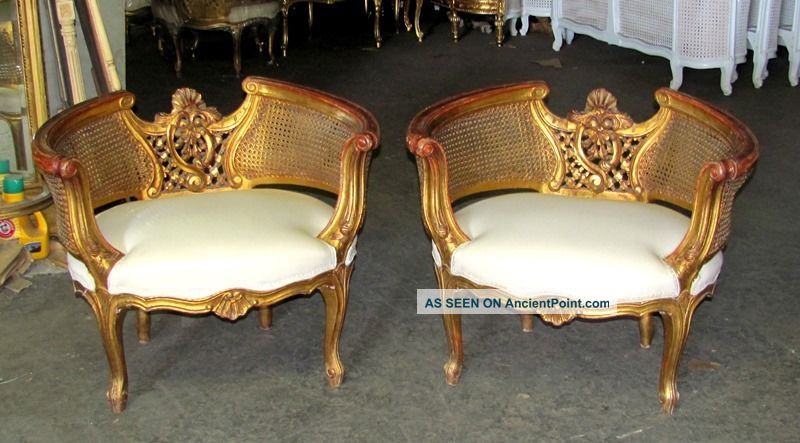 19th C.  Barrel Shaped Italian Baroque Caned Cane Bergere Chairs 1800-1899 photo