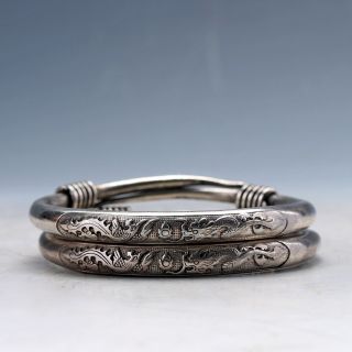 Collectable Tibet Silver Hand Carved Dragon & Phoenix Bracelet D1356 photo