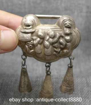 66mm Chinese Miao Silver Women Hanzi Flower Child Lock Amulet Pendant photo