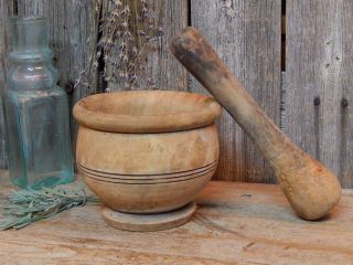 Early Antique Apothecary Wooden Turned Mortar & Pestle Aafa photo