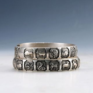 Collectable Tibet Silver Hand Carved Zodiac Bracelet D1334 photo