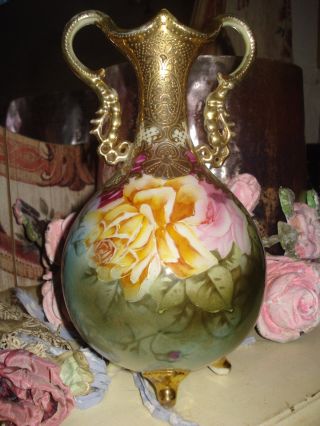 Antique Porcelain Vase Urn Roses Painted Gorgeous photo