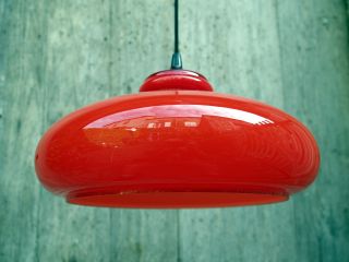 Vintage French Mid Century 1950s Ceiling Light - Hand Made Red Glass Shade photo