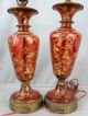 Pair (2) Antique Gilt Painted Cranberry Glass Lady Portrait Painting Lamp Vase Lamps photo 4