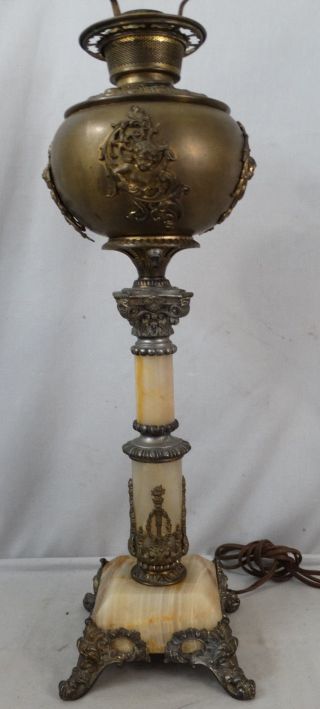 Antique 19thc Art Nouveau Brass Ormolu Cherub & Onyx Old Victorian Banquet Lamp photo