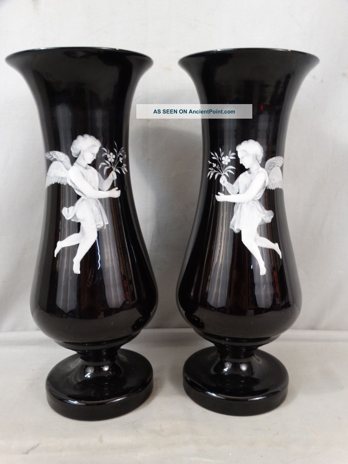 Pair (2) Antique Enamel Painted Winged Angel On Black Amethyst Glass Parlor Vase Vases photo