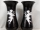 Pair (2) Antique Enamel Painted Winged Angel On Black Amethyst Glass Parlor Vase Vases photo 1