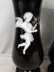 Pair (2) Antique Enamel Painted Winged Angel On Black Amethyst Glass Parlor Vase Vases photo 3