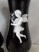 Pair (2) Antique Enamel Painted Winged Angel On Black Amethyst Glass Parlor Vase Vases photo 4