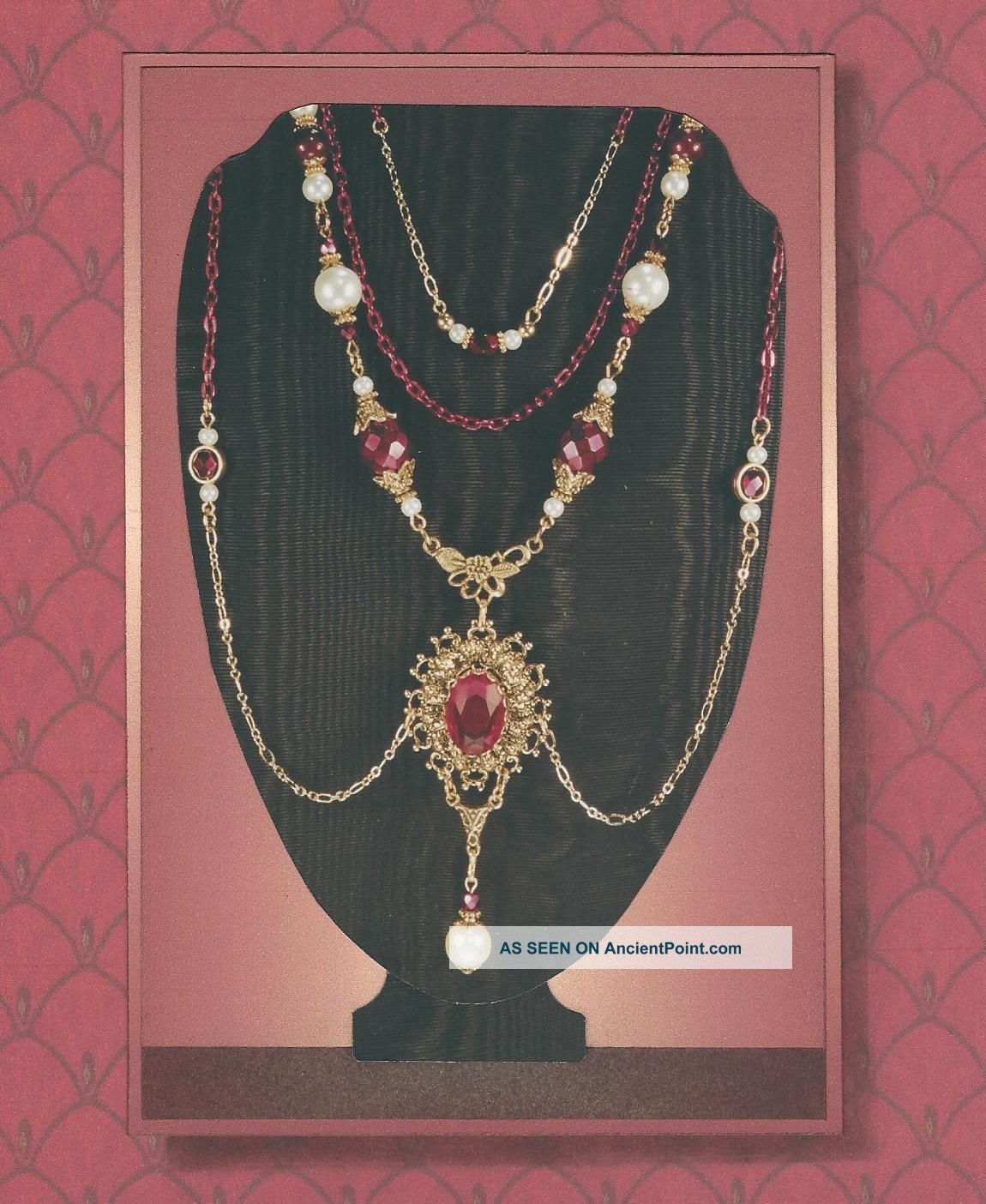 Gold Red Chain & Faux Pearl Renaissance Tudor Festoon Pendant Necklace 4187 Victorian photo