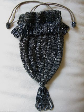 Antique Tan Crochet Charcoal Grey Black Tassel Iridescent Bead Drawstring Purse photo