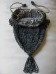 Antique Tan Crochet Charcoal Grey Black Tassel Iridescent Bead Drawstring Purse Art Deco photo 2