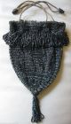 Antique Tan Crochet Charcoal Grey Black Tassel Iridescent Bead Drawstring Purse Art Deco photo 5