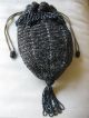 Antique Tan Crochet Charcoal Grey Black Tassel Iridescent Bead Drawstring Purse Art Deco photo 6