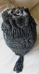 Antique Tan Crochet Charcoal Grey Black Tassel Iridescent Bead Drawstring Purse Art Deco photo 7