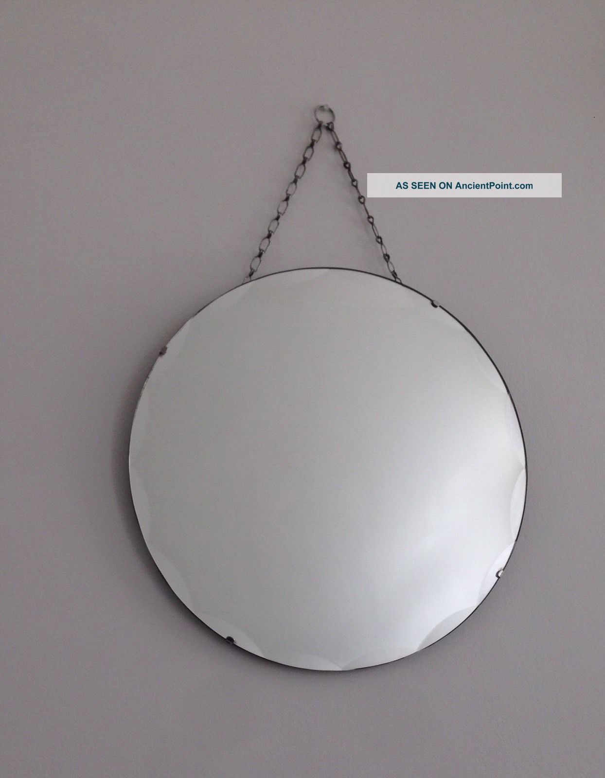 Vintage Art Deco Round Frameless Beveled Scalloped Edge Wall Mirror With Chain 20th Century photo