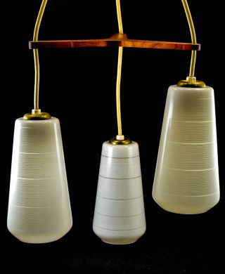 Vintage Mid Century Modern Teak Pendant Ceiling Tri Light photo