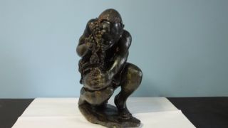 Vintage,  Signed African Hand - Carved Granite Sculpture Of Man Holding Grapes photo