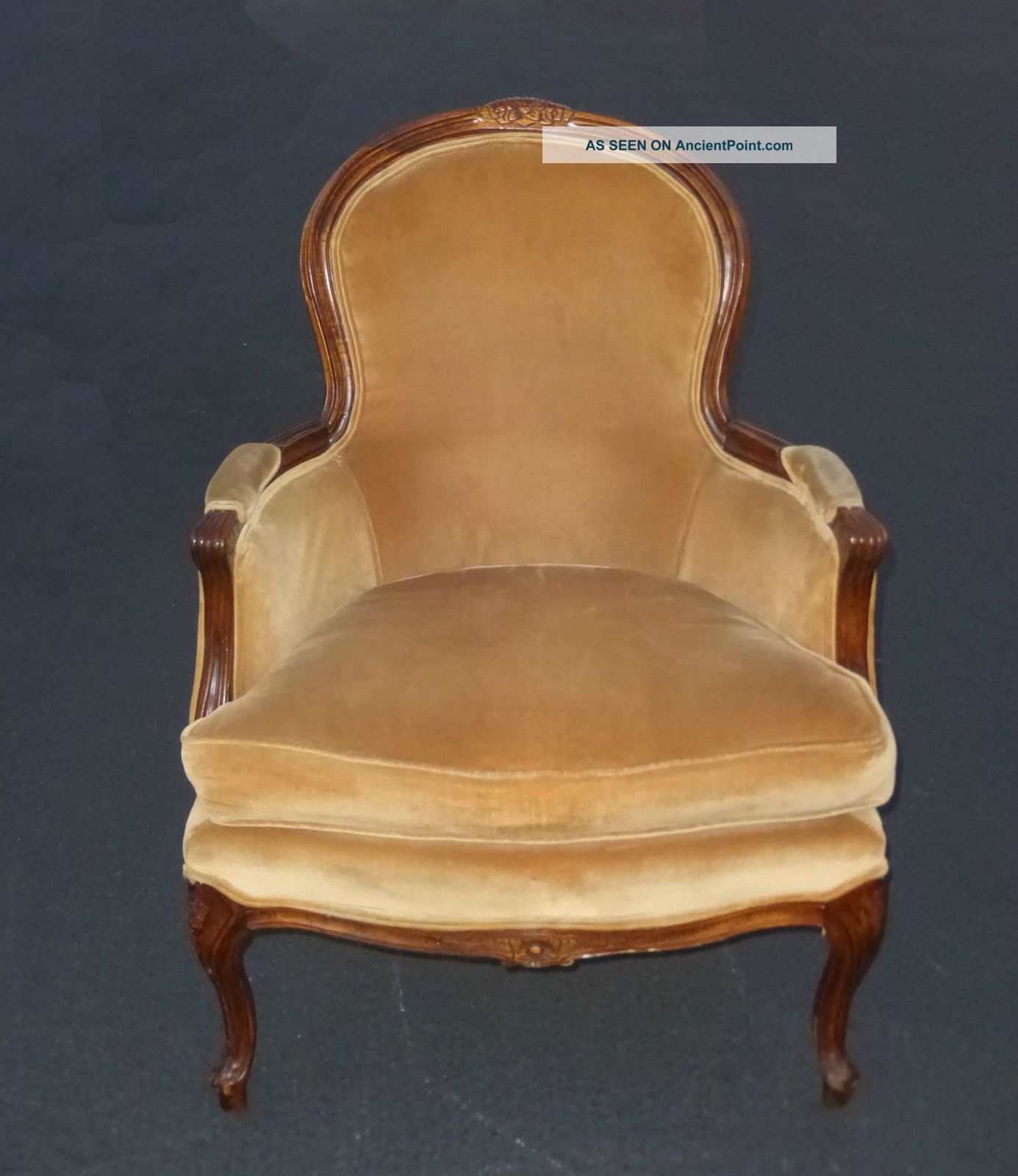 Vintage French Provincial Tan Velvet Arm Chair May Company Chair Post-1950 photo