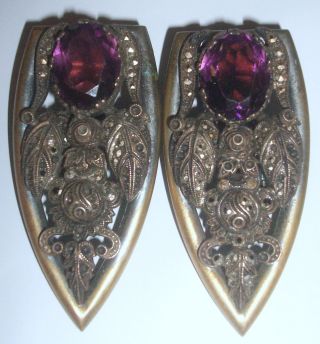 Stunning Vintage Antique Dress Shoe Scarf Clips Purple Stones Marcasites photo