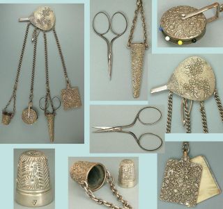 Ornate Antique English Sewing Chatelaine W/ Scissors,  Thimble,  Pin Wheel C1890 photo