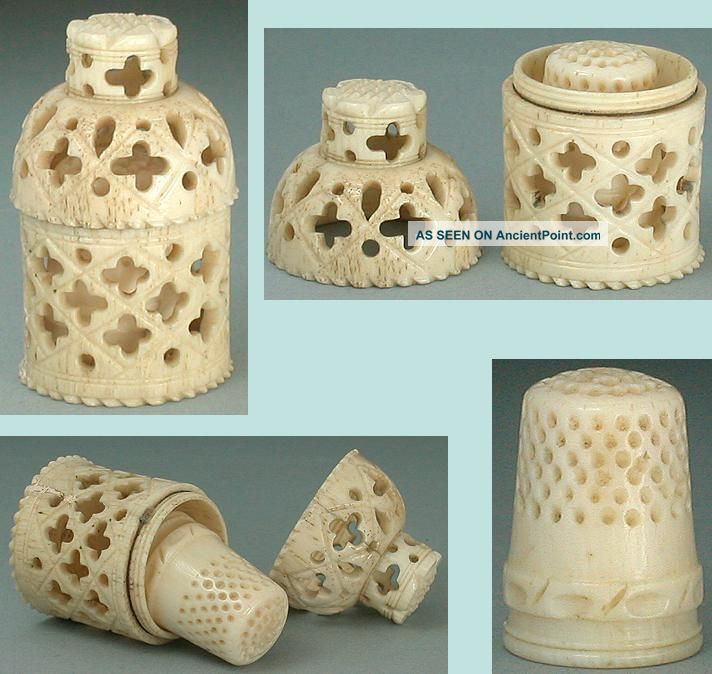 Antique Pierced Bone Thimble Case & Thimble Circa 1820 Thimbles photo