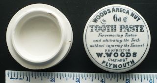 1880s,  Woods Areca Nut Tooth Paste Porcelain Jar & Lid,  Plymouth England photo