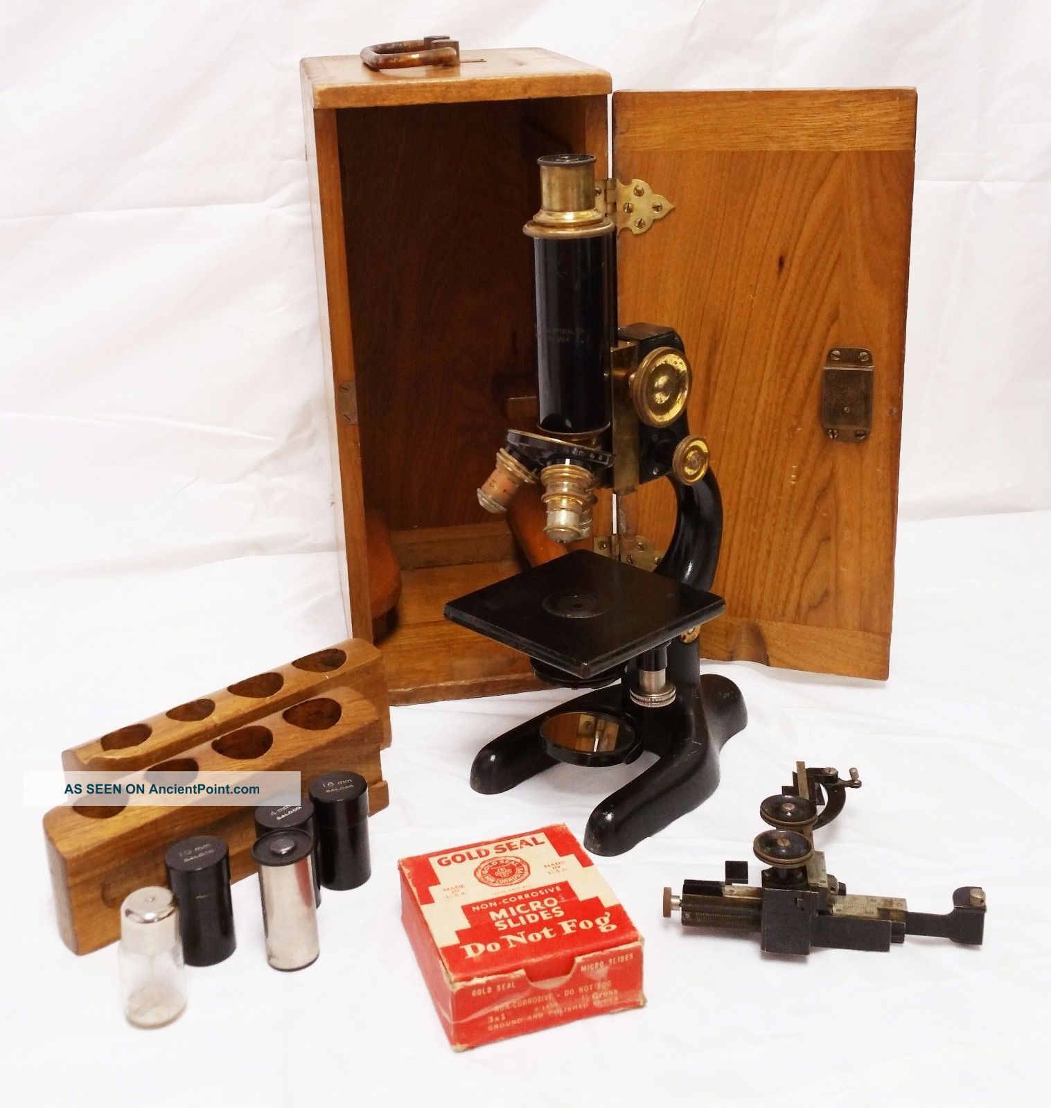 Antique Bausch & Lomb 1915 Microscope With Wood Case Steampunk Microscopes & Lab Equipment photo
