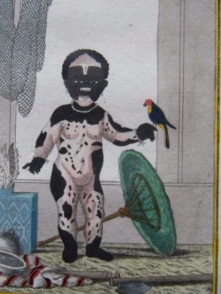18th Century Hand Colored Engraving Of African Pygmy In European House photo