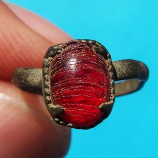 Ancient Medieval Bronze Ring Spanish Pirate Times Old Pretty Red Stone 17th Cent photo