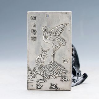Chinese Tibet Silver Hand Carved Crane & Dragon Pendant photo