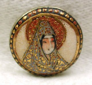 Antique Meiji Satsuma Button Female Figure W Halo & Gold Accents In Silver 5/8 