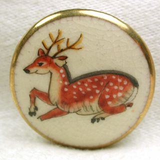 Vintage Satsuma Button Hand Painted Resting Deer Design W/ Gold Accents 1 & 1/8 photo