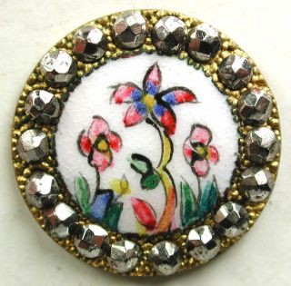 Antique French Enamel Button Colorful Flowers W/ Cut Steel Border - 11/16 