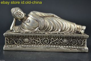 Collectible China Handwork Old Tibet Silver Cast Sleeping Buddha Pray Statue photo