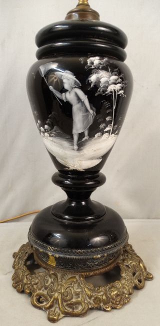 Antique Mary Gregory Style Enamel Painted Glass Old Girl & Butterfly Vase Lamp photo