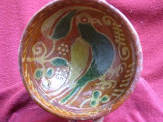 Authentic Early 17th.  Century Dutch Slipware Bowl With A Bird Pigeon Decor photo