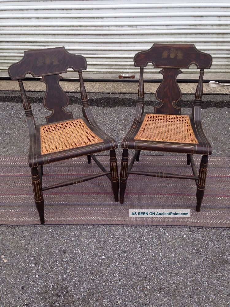 Antique Federal Empire Paint Decorated Side Chairs With Cane Seats 1830s 1800-1899 photo