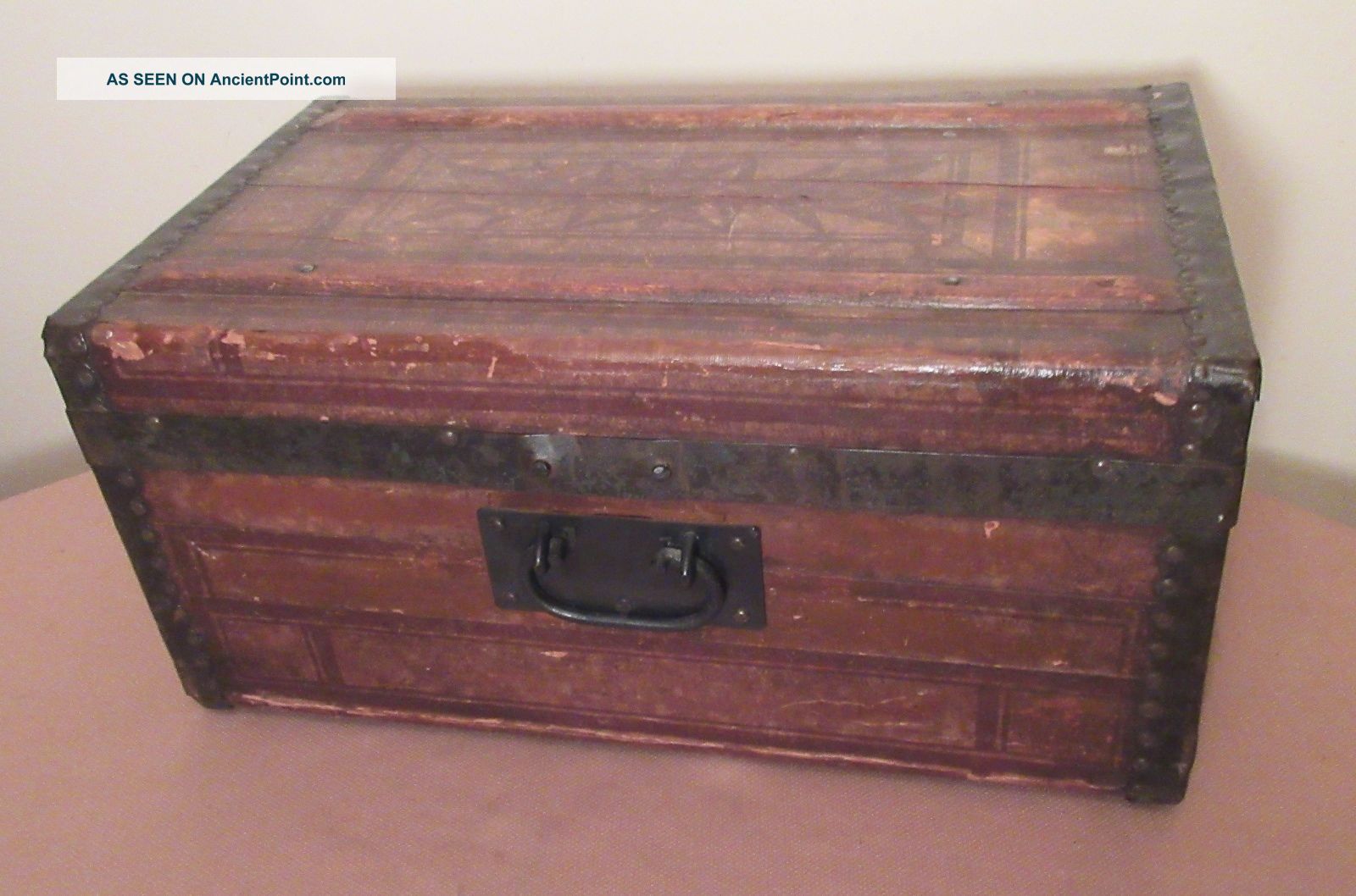Antique 1800s Miniature Handmade Salesman Sample Wood Leather Iron Chest Trunk 1800-1899 photo
