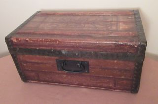 Antique 1800s Miniature Handmade Salesman Sample Wood Leather Iron Chest Trunk photo