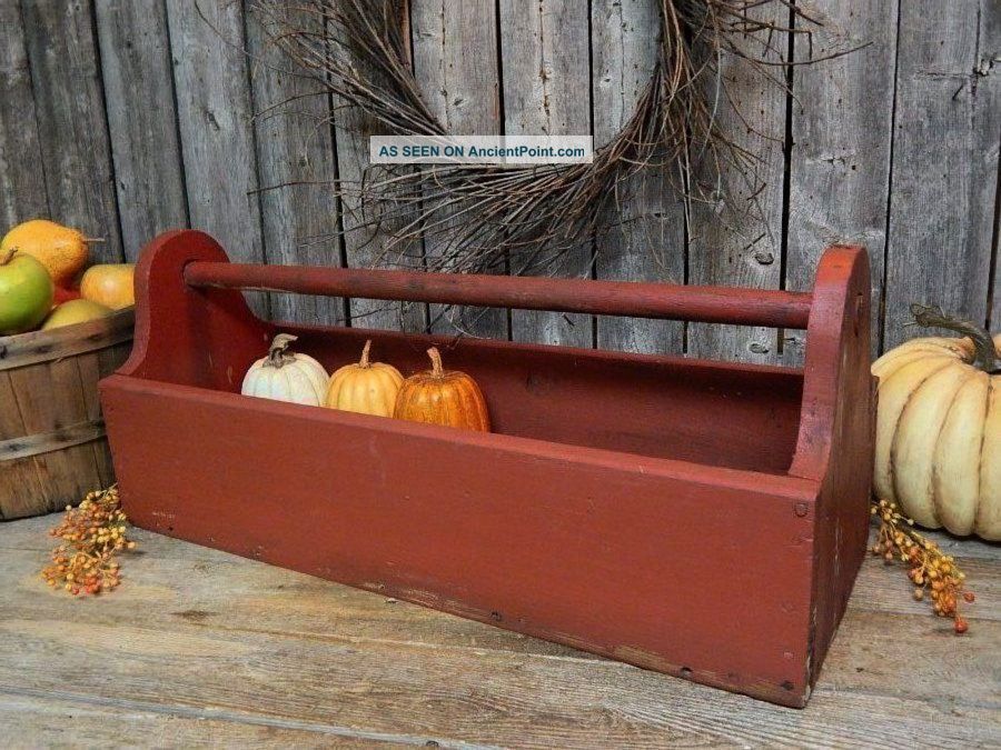 Primitive Vtg Old Wood Carpenter Tool Box Barn Red Farm Carrier Tote Primitives photo