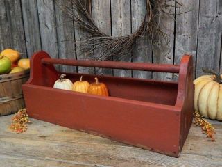 Primitive Vtg Old Wood Carpenter Tool Box Barn Red Farm Carrier Tote photo