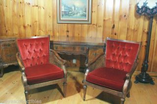 Antique French Provincial Red Velvet & Cane Arm Chairs American Pair 1920 - 1950 photo