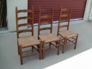 Antique Vintage 3 Ladder Back Dining Table Chairs Country Style Look Rush Seats photo