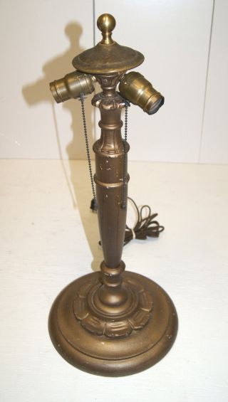 Antique Vintage Brass Wood Pedestal Lamp Cast Iron Weighted Base photo