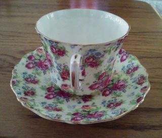 Old Royal Bone China England Cup & Saucer Floral Chintz Red Rose Gold Rim photo