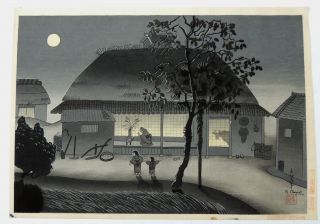 Japanese Woodblock - Bakufu Ohno - Night Scene Of A Farm House - 1st Edition photo