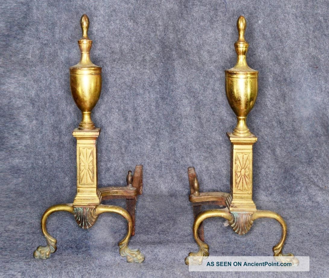 Andirons Fireplace Cast Solid Brass Claw Feet Large 18 In Antique 1800 Hearth Ware photo